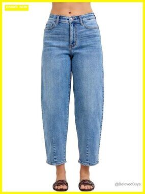 High Waisted Barrel Jeans with Front Darts and Back Yoke Detail, Loose Straight